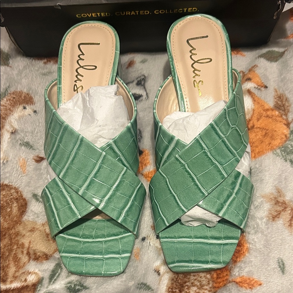 Lulu's Mint Croc-Embossed Mules
